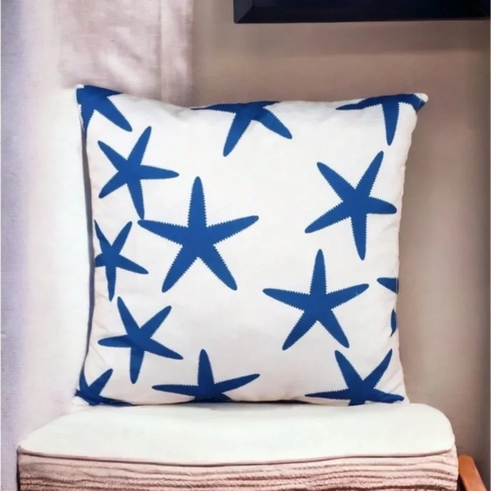Coastal Starfish Pillow Cover Beach Nautical Square Blue White 17. 7 X 17.7 in - Picture 15 of 16